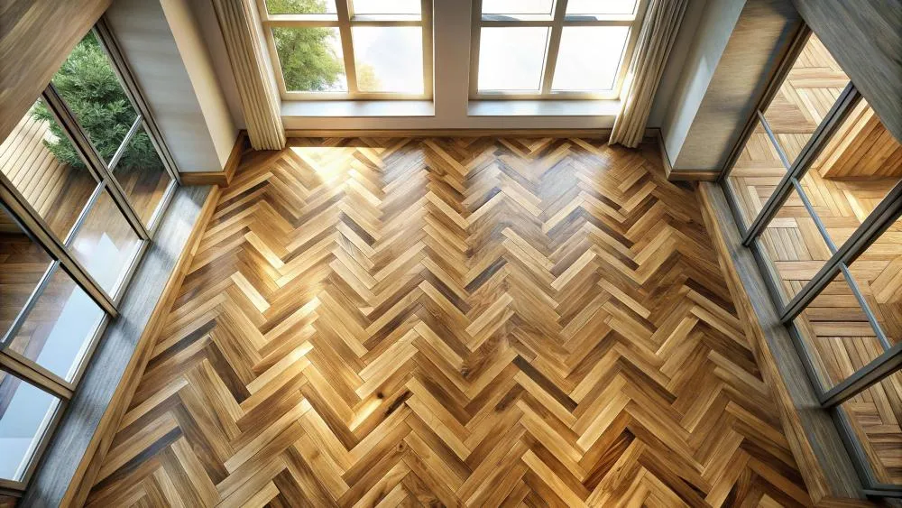 Elegante instalación en espiga que transforma el piso en un elemento protagonista del diseño.