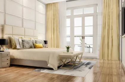 Dormitorio moderno con decoración minimalista y cortinas en tonos beige que aportan calidez